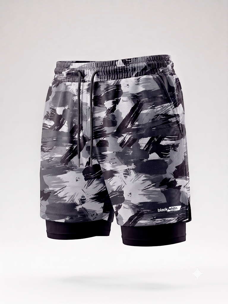 Shorts 2 em 1 Dry Fit Camuflado Preto – Black White Sports